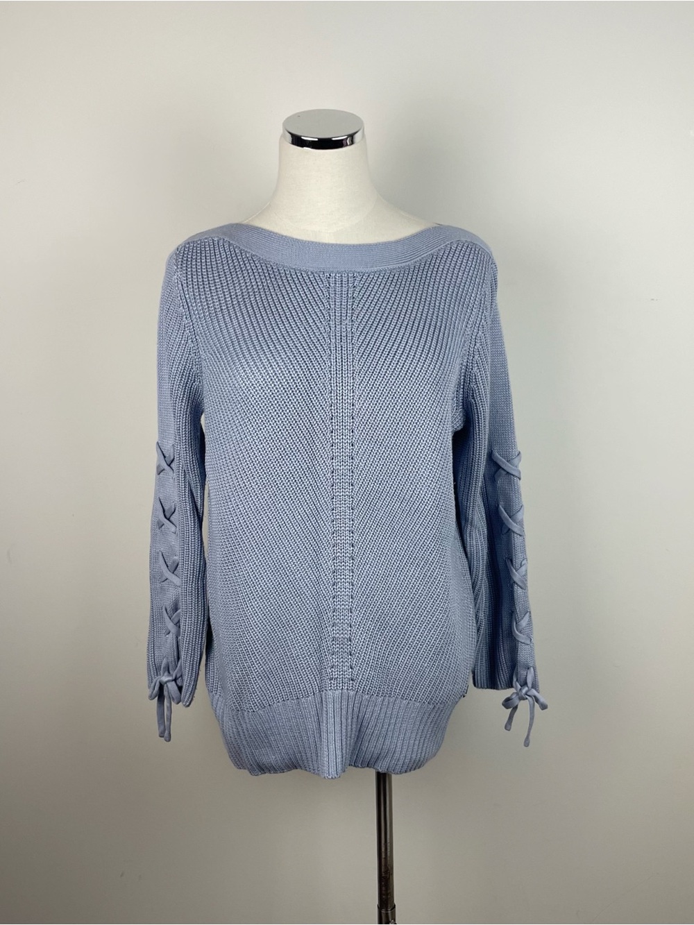 Ivanka Trump Light Blue Knit Crochet Tie Sleeve Long Sleeve Sweater Women Medium